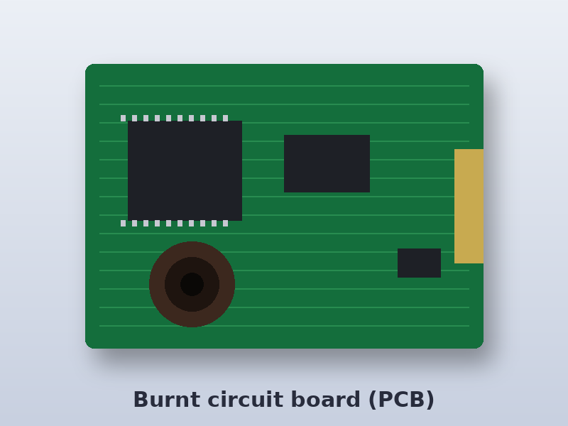Illustration of a burnt hard drive circuit board for electronic failure data recovery