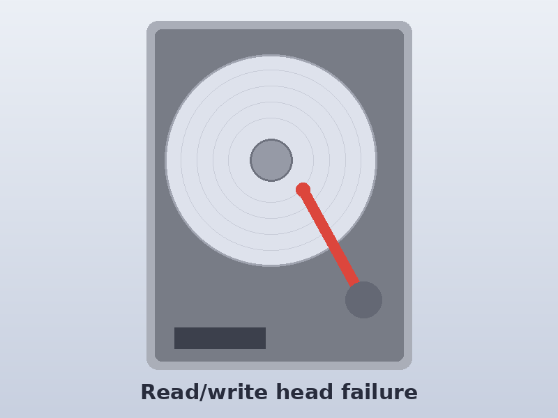 Illustration of a hard drive with a failed read/write head for head replacement data recovery